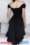 Sexy Off Shoulder Mid Length Ruffled Black Dress
