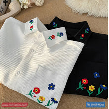 Short Sleeve Flower Embroidered Collar Blouse Shirt