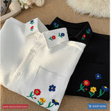 Short Sleeve Flower Embroidered Collar Blouse Shirt