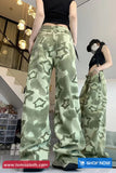 High Waist Stars Pattern Green Jeans Pants