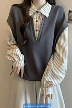 Long Sleeve Two Piece Style Striped Turn Down Collar Sweatshirt