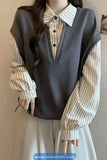 Long Sleeve Two Piece Style Striped Turn Down Collar Sweatshirt
