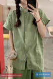 Short Sleeve Retro Green Striped O-Neck Blouse Shirt