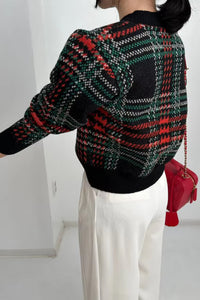 Long Sleeve Striped Plaid Knitted Cardigan Sweater