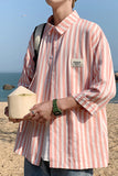 Pink Striped Half Sleeve Men Blouse Shirt