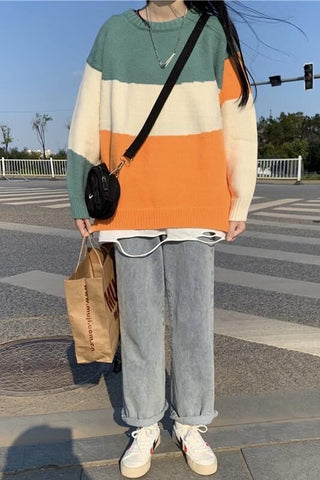 Long Sleeve O-Neck Big Striped Casual Sweater