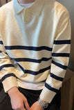 Long Sleeve Lapel Collar Knitted Stripe Sweater