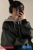 Loose Grey Hooded Leather Cropped Jacket