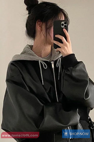 Loose Grey Hooded Leather Cropped Jacket