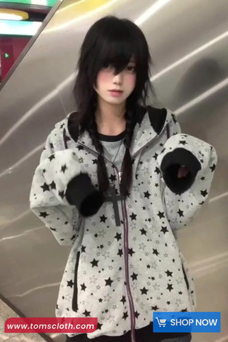 Vintage Stars Pattern Zipper Casual Hoodie