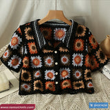 Turn Down Collar Retro Flower Pattern Crochet Shirts