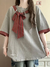 Cute Bow Plaid Patchwork Casual Shirt
