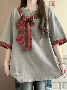 Cute Bow Plaid Patchwork Casual Shirt