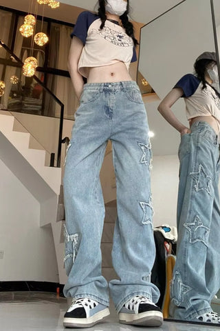 High Waist Stars Side Embroidered Jeans Pants