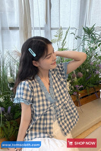 Short Sleeve Retro V-Neck Plaid Blouse Shirt