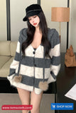 Long Sleeve Lace Tie Hooded Striped Sweater