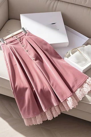 Vintage Long Elegant Pink Corduroy Skirts