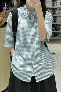 Short Sleeve Plaid Light Colors Blouse Shirt