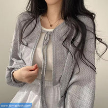 Lantern Sleeve Lace Up Knitted Cropped Cardigan
