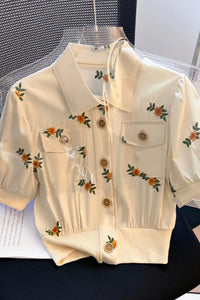Puff Sleeve Turn Down Collar Flower Embroidered Shirt