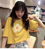 Loose Cropped Daisy Cartoon O-Neck Shirt