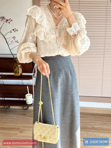 Long Sleeve Retro Elegant Lace Flounce Blouse Shirt