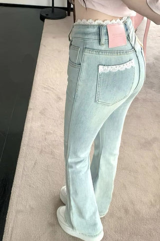 Lace Spliced Waist Long Jeans Pants