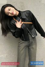 Long Sleeve Turn Down Collar Zipper Leather Jacket