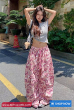 Loose Wide Leg Elastic Waist Pink Camouflage Pants