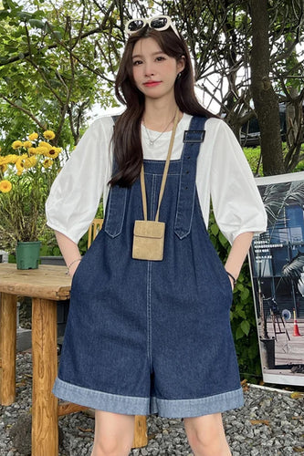 Loose Wide Leg Denim Shorts Jumpsuit