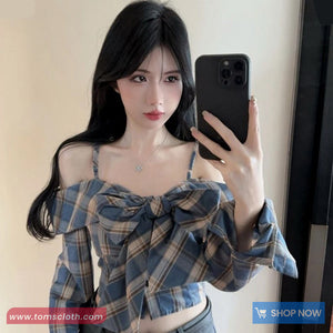 Long Sleeve Off Shoulder Cute Bow Plaid Shirt