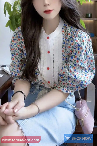 Loose Puff Sleeve Floral Pattern Elegant Blouse Shirt