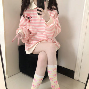 Cute Cartoon Printed Pink Striped Sweatshirt