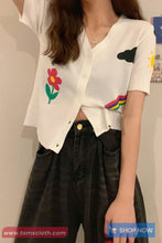 Short Sleeve V-Neck Cute Pattern Knitted Shirt