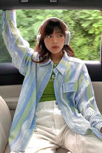 Long Sleeve Green Blue Striped Blouse Shirt