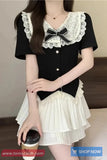 Short Sleeve Vintage Cute Bow Lace Patchwork Elegant Slim Shirt