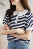 Short Sleeve Doll Collar Striped Casual Shirt
