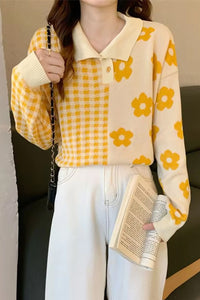 Long Sleeve Plaid With Daisy Pattern Collar Sweatshirt