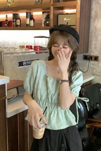 Puff Sleeve Square Collar Cropped Shirt