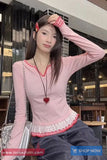 Long Sleeve Plaid Pattern Lace Trim Pink Shirt
