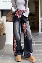 High Waist Bow Plaid Splicing Jeans Pants