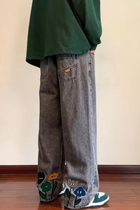 Cartoon Flower Back Embroidered Men Jeans Pants