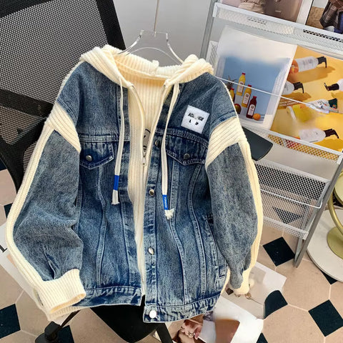 Two Style Hooded Knitted Denim Jacket