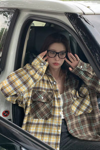 Loose Long Sleeve Plaid Colors Combination Blouse Shirt