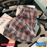 Elastic Waist Retro Pink Grey Plaid Pants