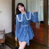 Long Sleeve Doll Collar Denim Blouse Shirt