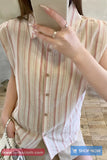 Turn Down Collar Retro Sleeveless Striped Blouse Shirt