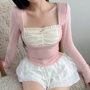 Long Sleeve Cute Pink Square Neck Cropped Shirt