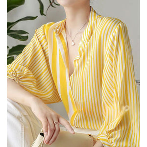 Long Sleeve Yellow Striped Elegant Office Blouse Shirt