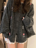Long Sleeve Flower Embroidered Grey Cardigan Sweater